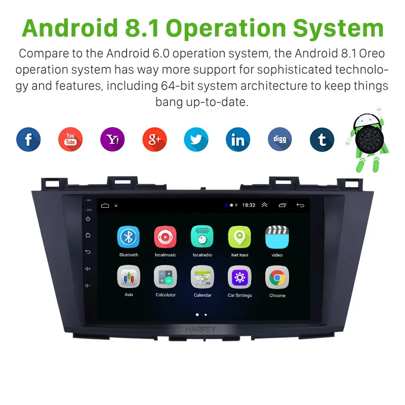 Perfect Harfey 1024*600 9 inch Car Multimedia Player Android 8.1 GPS Navigation System for 2009 2010 2011 2012 Mazda 5 with Digital TV 1