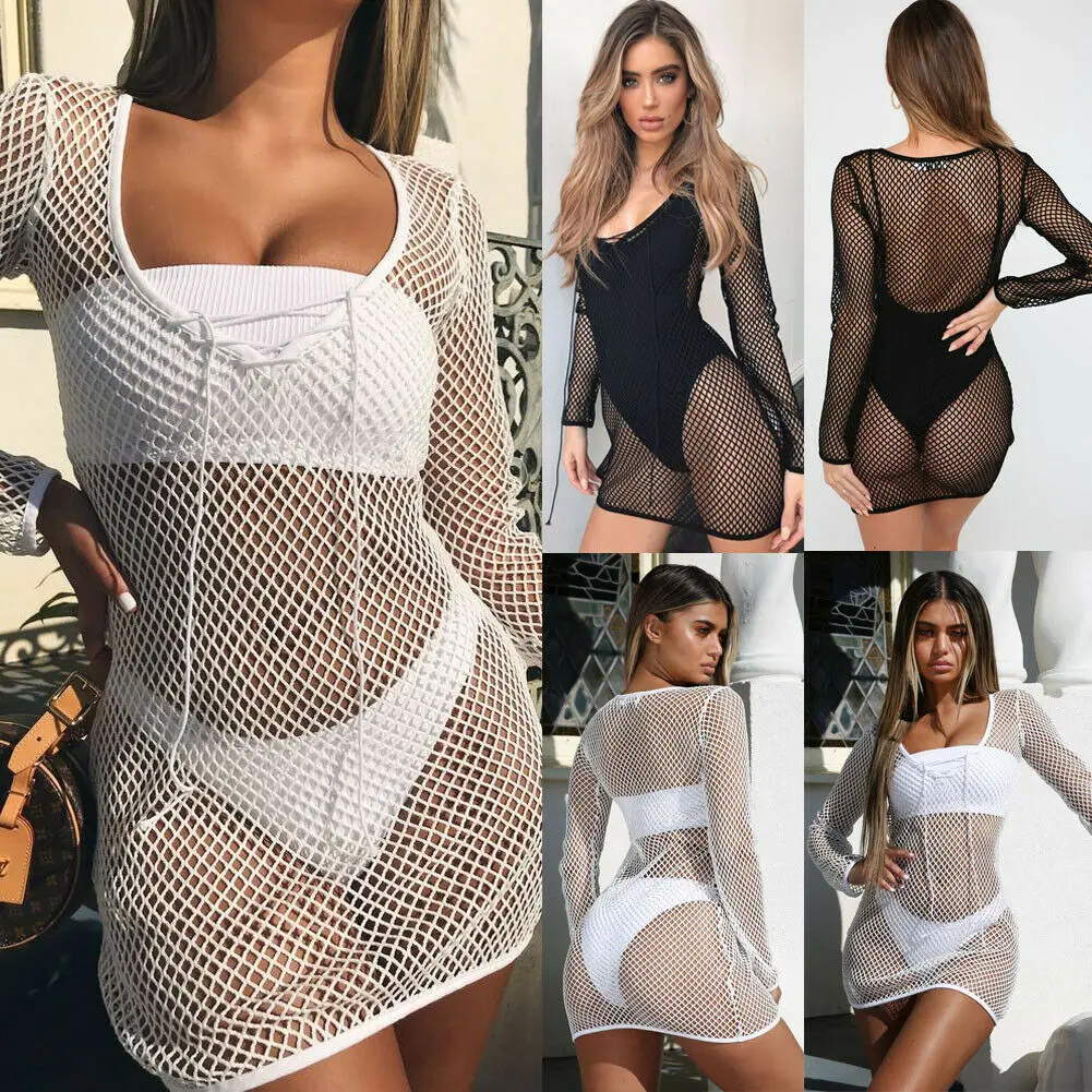 

Sexy Women Cover Up Summer Beach Hollow Fishnet Mesh Long Sleeve Long Tops Transparent Blouse