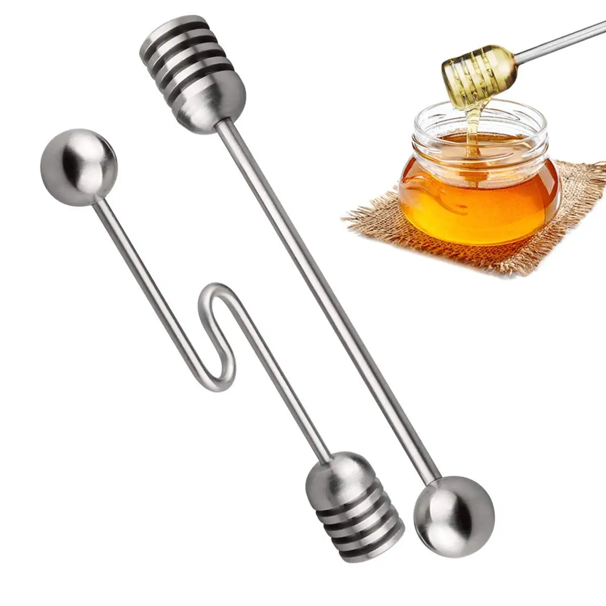 

Practical Boutique 2 Pieces Stainless Steel Honey Dippers Stirring Stick Stirrer, Straight And Curved Syrup Spoon Wand Serve F