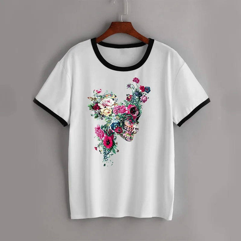 

Women Skeleton Skull Head flower Print T shirt Casual Female Clothes Casual base shirt Short Sleeve O-Neck Tshirt Tops plus size
