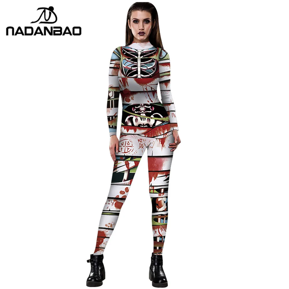 

NADANBAO Mummy 3D Print Doll Scary Costume Cosplay Women Jumpsuit For Woman Bloodstain Mechanical Skull Plus Size Bodysuit