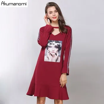 

Autumn Dress Women Clothing Red Hollow-out V-neck Full Sleeve Knee-Length Girl Appliques Spring Dress Plus Size 5xL 4xl 3xl-L