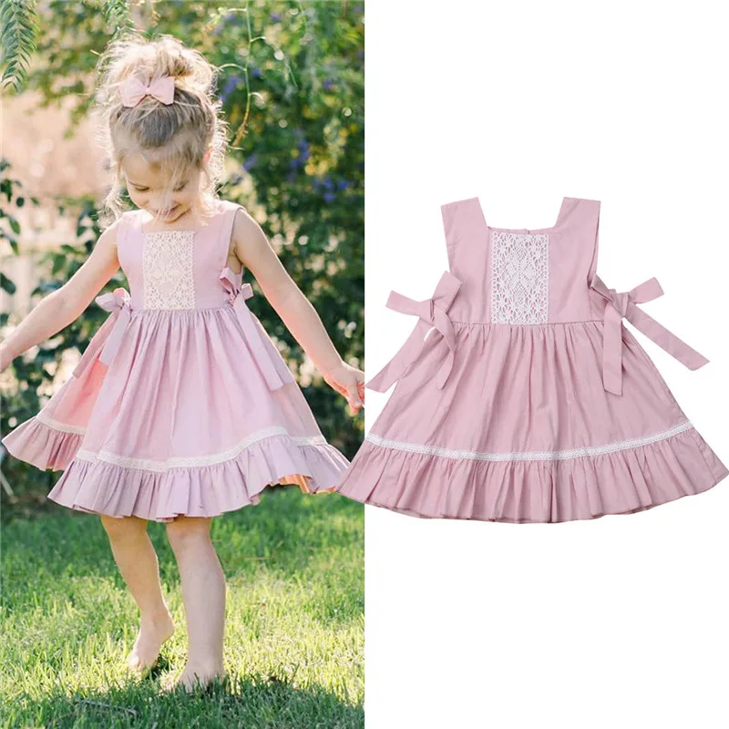 

Cute Flower Kids Baby Girl Princess Dress Sleeveless Bowknot Party Wedding Pageant Dress Lace Ruffle Pleated Sundress 1-5T