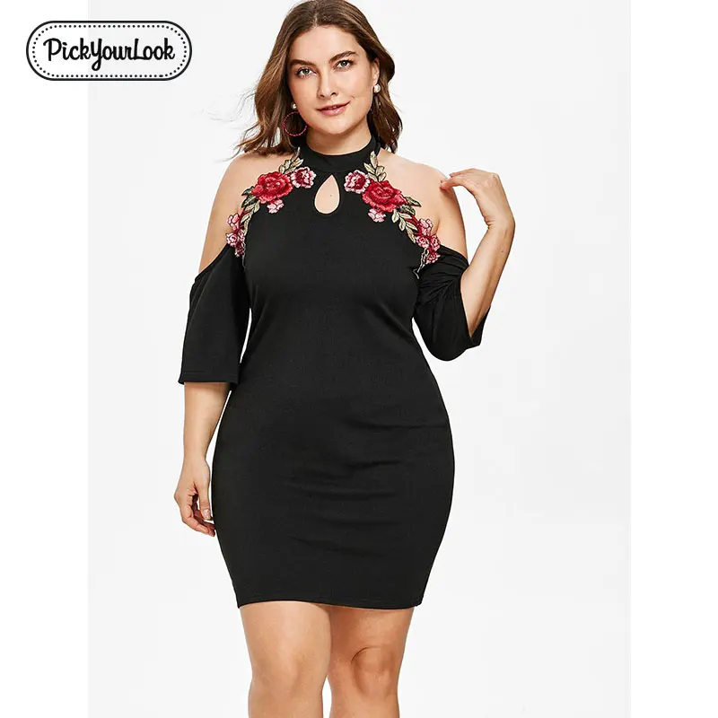 

Pickyourlook Halter Mini Dress For Women Plus Size Floral Sexy Party Black Ladies Dresses Summer Bodycon Hollow Out Robe Femme