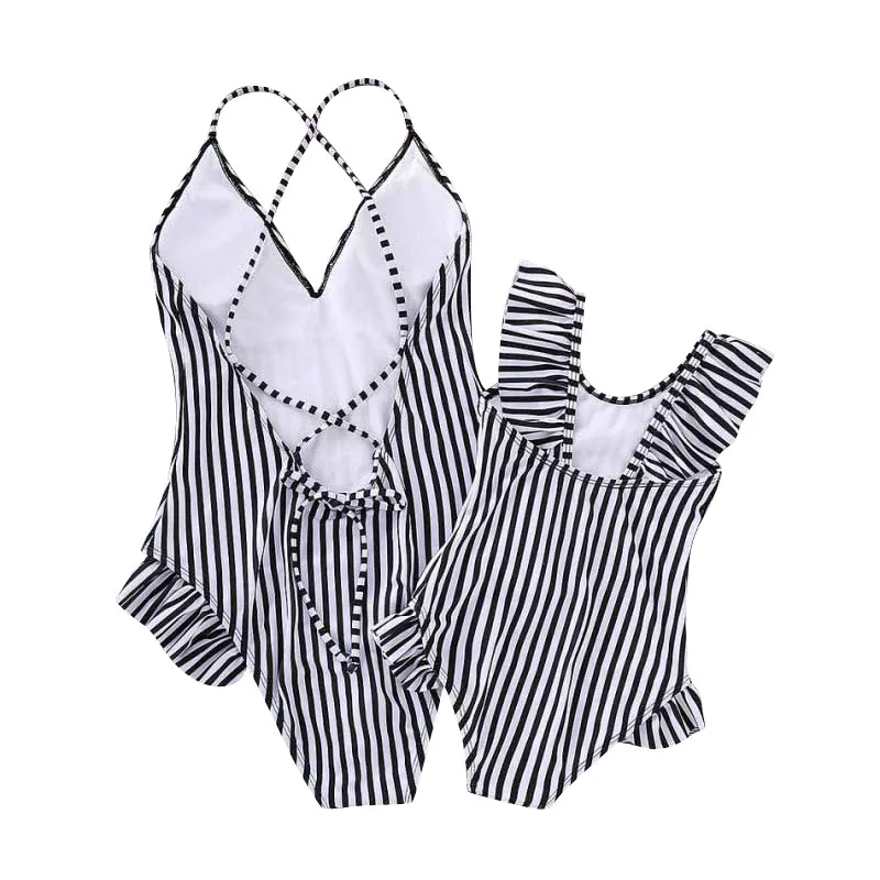 

Mother Daughter Swimwear Mom And Girl Matching Dresses Bikini Bathing Suits Striped Mommy And Me Swimsuits Family Look Clothes