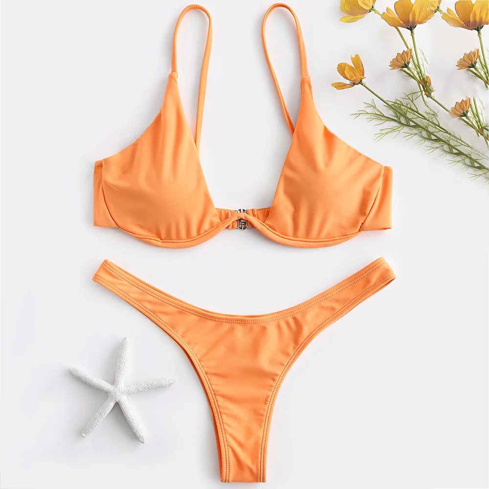 

Sexy Spaghetti Strap Backless Padded Underwire Solid Color Low Waist Women Bikini Set Swimsuit Swimwear