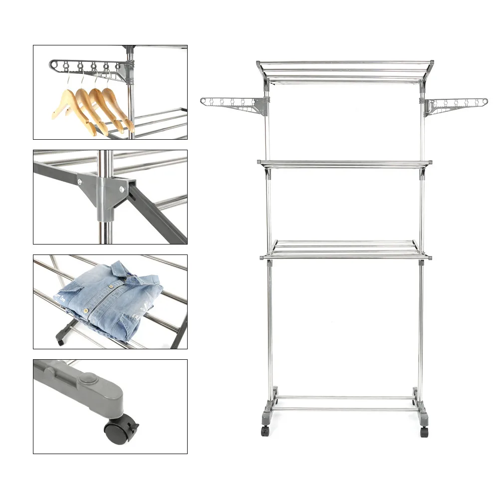 

3 Tiers Stainless Steel Laundry Storage Hanger Organizer Adjustable Drying Rack Clothes Dryer Floor-standing Home Furniture HWC