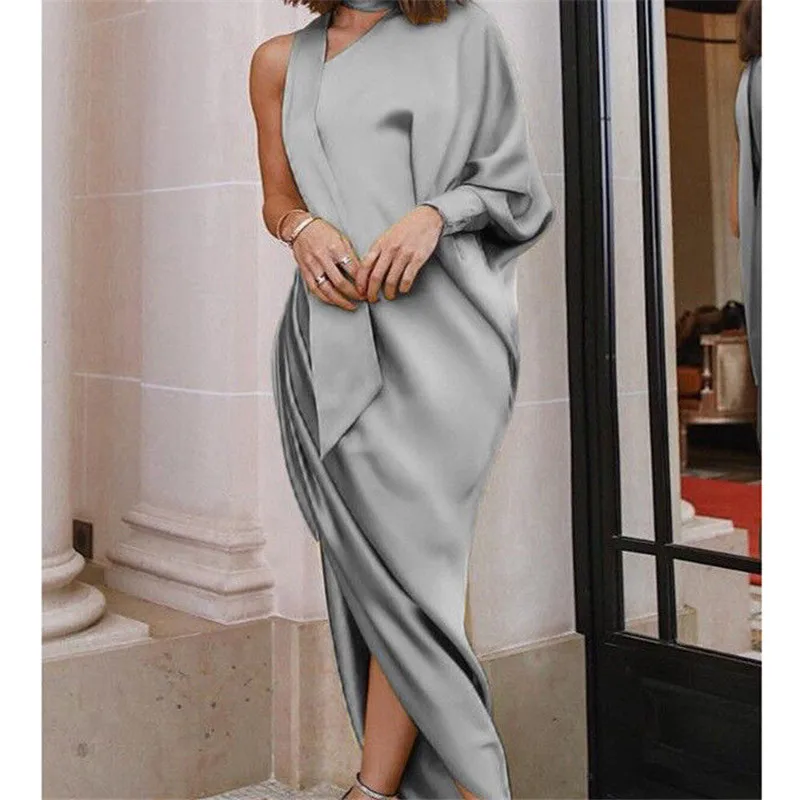 

New Fashion Women's Lady Long Maxi Party Dresses Sundress Solid Summer Casual Off the Shoulder Ankle-Length Asymmetrical