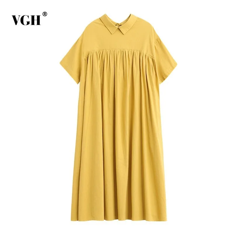 VGH Spring Sweet Dress Lapel Short Sleeve Back Hollow Out Lace Up Bow Loose Oversize Knee-length Women's Clothing Fashion New | Женская