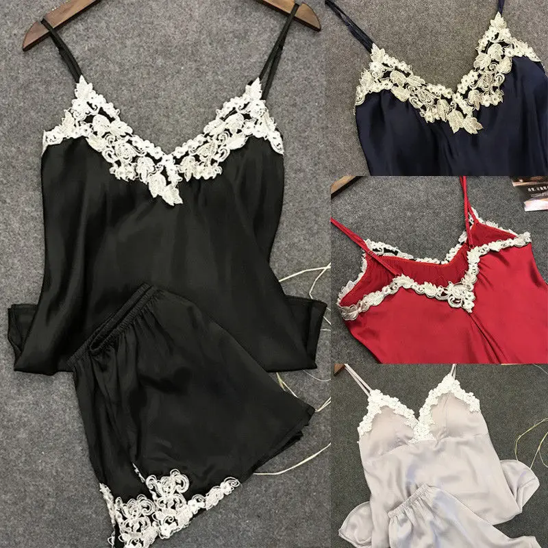 

2019 Newest Hot 2pcs Women Sexy Satin Lace Sleepwear Babydoll Lingerie Nightdress Pajamas Set UK