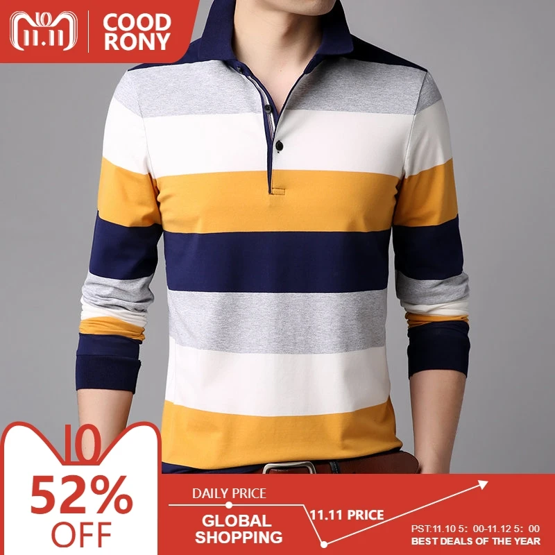 

COODRONY T Shirt Men Clothes 2018 Autumn Long Sleeve T-Shirt Men Casual Striped Tshirt Men Turn-down Collar Tee Shirt Homme 8621