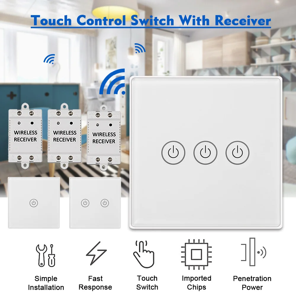 

New 3 gang Touch-Control Outlet Wireless Light Switch Panel For Household Appliances Unlimited Connections Up to 30 Meters White