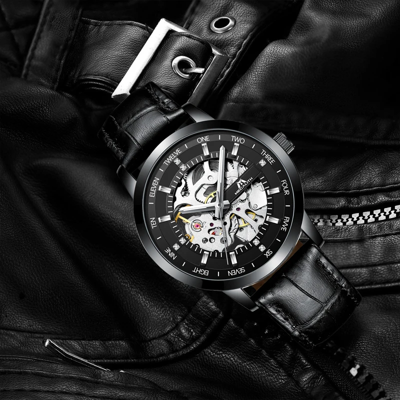 

MEGALITH Fashion Skeleton Automatic Men Watch Waterproof Black Leather Strap Mechanical Watch Men Wrist Watch Clock Montre Homme