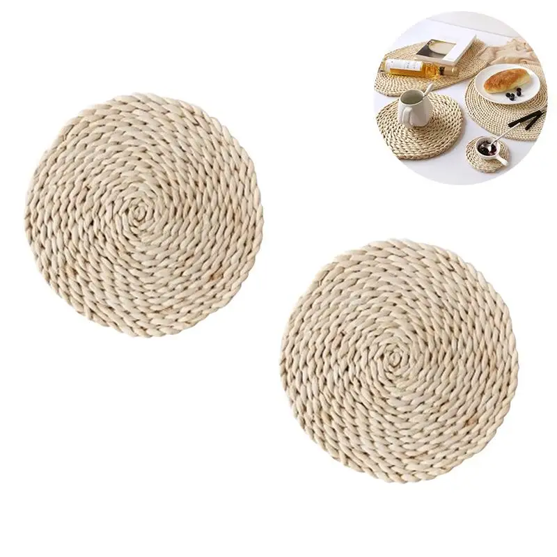 2PCS Round Woven Placemats Natural Handmade Braided Mats Heat Resistant