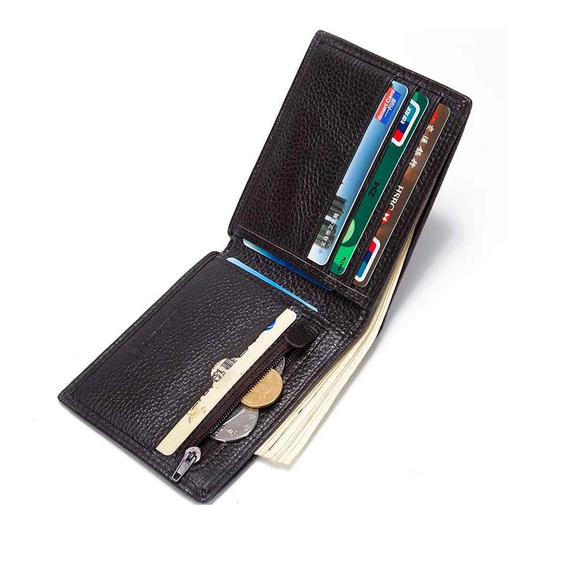 

Mens Wallet Leather Genuine Bifold Slim Credit Card Holder Wallets Lichee Pattern Solid Color Coin Purse Zipper Pocket