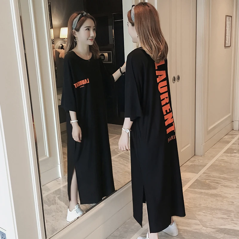 

#4948 Summer Letter Print T Shirt Dress Women Cotton Black Round Neck Short Sleeve T Shirt Dresses Female Oversize Back Print