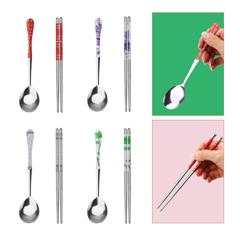 

Tableware Portable 2pcs/set Dinnerware Set Clover Flower Fish Printed Pattern Stainless Steel Chopstick And Spoon Set