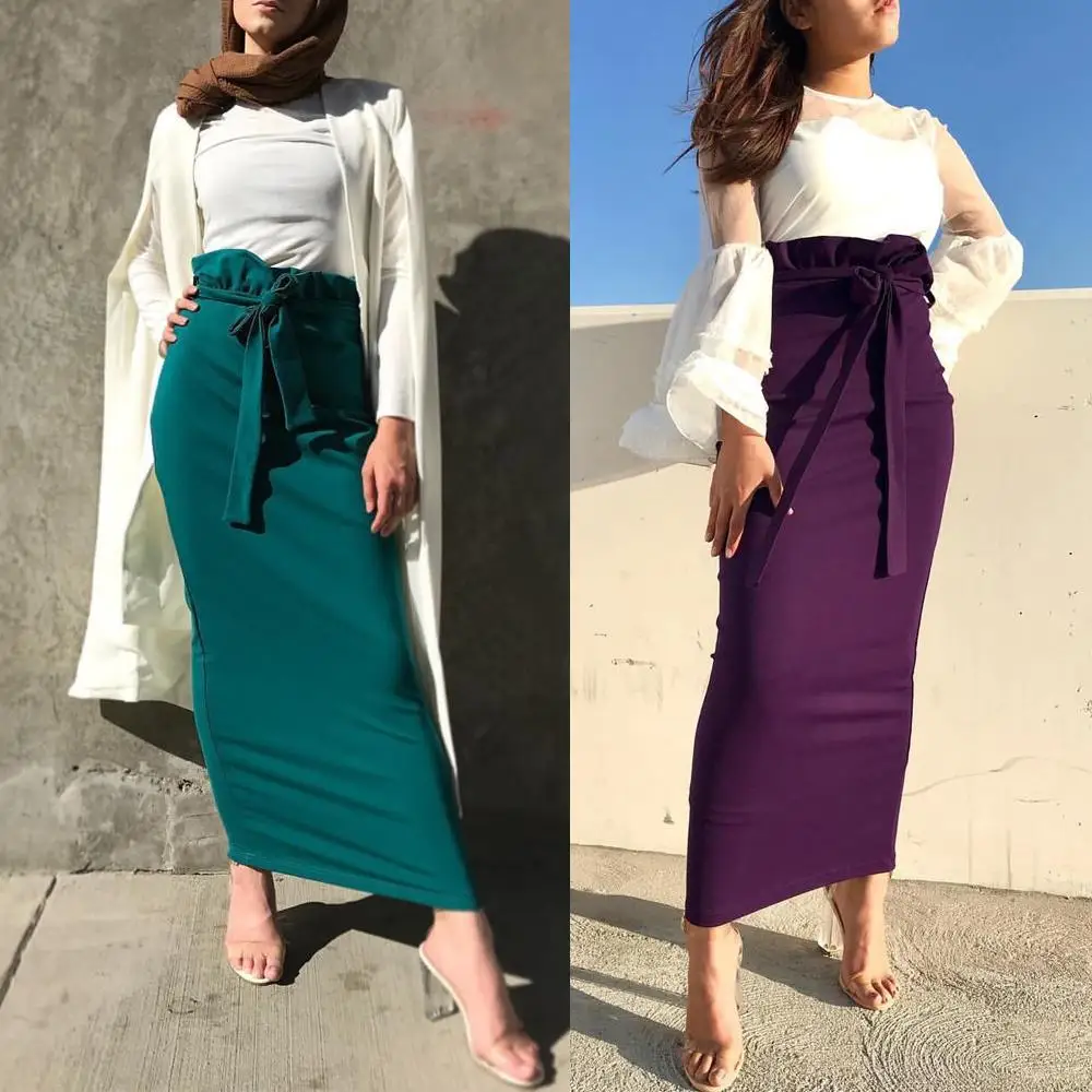 

High Waist Ruffles Pencil Skrts Women's Modest Muslim Bottoms Long Midi Skirts Mujer Moda Party Ramadan Worship Service Islamic