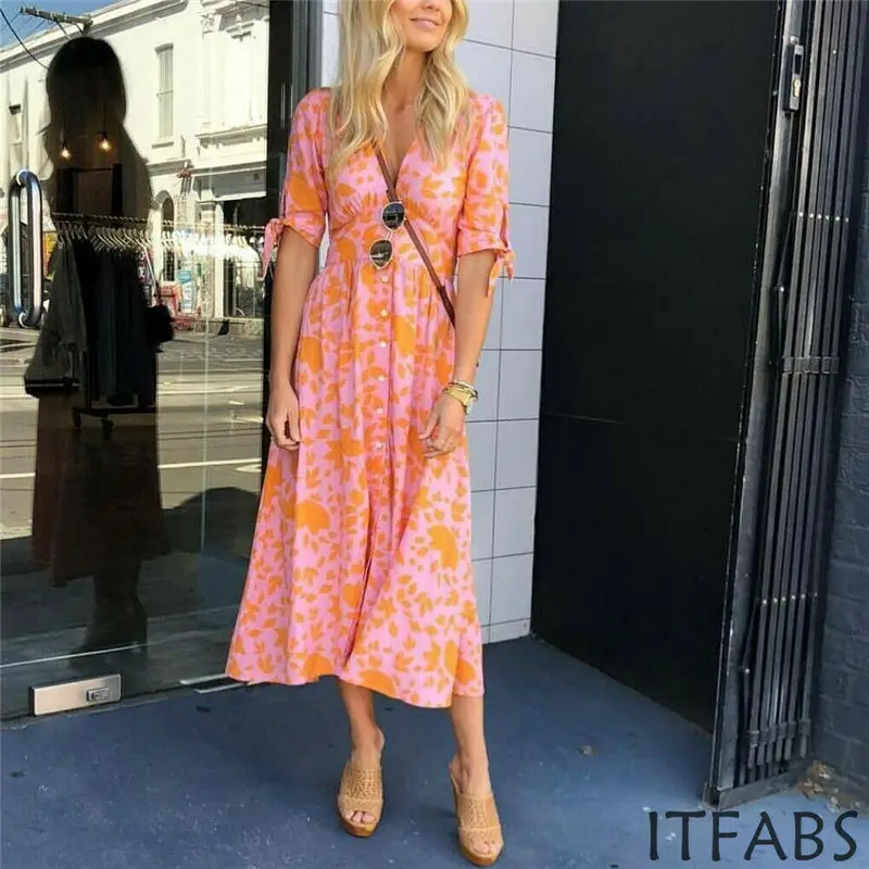 

HIRIGIN Newest 2020 Fashion Women Maxi Boho Floral Dress Lady Summer Beach Long Slit Evening Party V Neck Sun Dresses