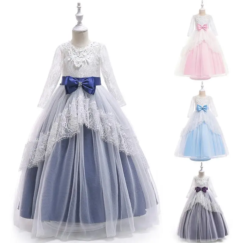 

2018 Girls Backless Floor-Length Lace Ball Gown Long Dress Girls Lace Sleeves Luxury Princess Dress Birthday Party Wedding Dress