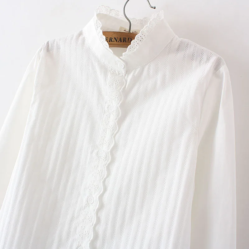 

100% Cotton Korean Casual Bottoming Shirt Lace Collar Small Fresh Long Sleeve Shirt Female Slim White Basic Sweet Tops