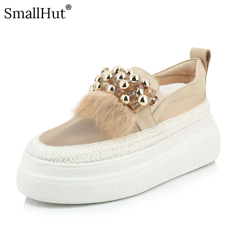 

Women Sneaker Genuine Leather Fur Flat Platform Spring Autumn String Bead Apricot Black Round Toe Flat Lace Loafers Shoes F007