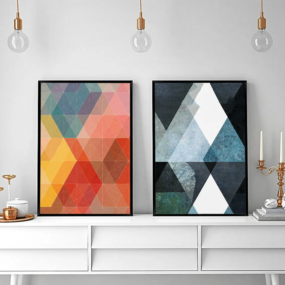 

Simple Abstract Geometrc Canvas Painting Warm Color Contrast Cold Color Prints Decor for Home No Framed