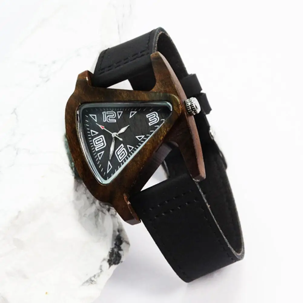 

Unisex Charm Glass Bamboo Wooden WatchesFor Women Fashion Triangle Genuine Leather Analog Quartz Wrist Watch