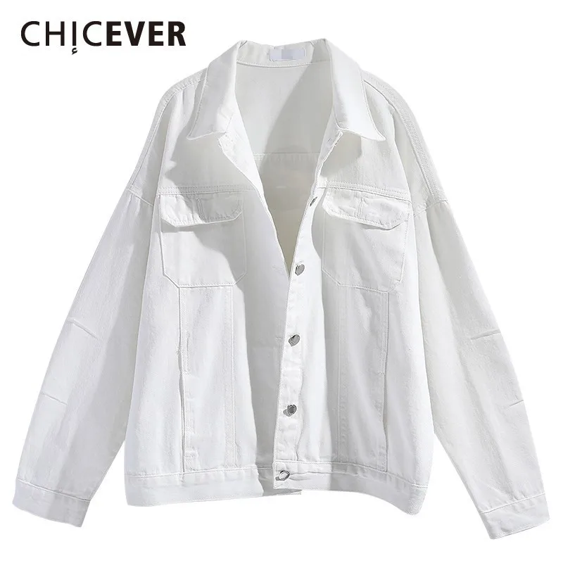 

CHICEVER Summer Vintage Solid White Women Denim Coat Lapel Long Sleeve Button Pockets Loose Oversize Female Short Jackets 2019