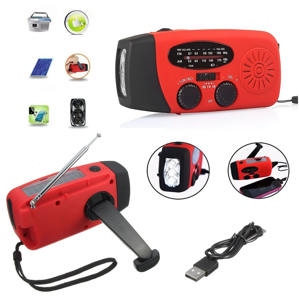 

3 LED Flashlight Torch Emergency Solar Hand Crank Wind Up AM/FM Radio Charger USB Cable Solar Panel Powers Protection Survival