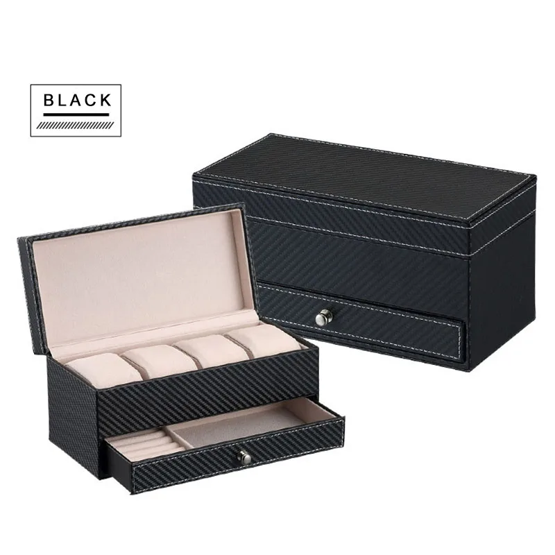 

Shellhard Watch Jewelry Box Black Leather Watch Display 2 Layer Box 4 Slot Organizer Lockable Case Drawer Wedding Birthday Gift