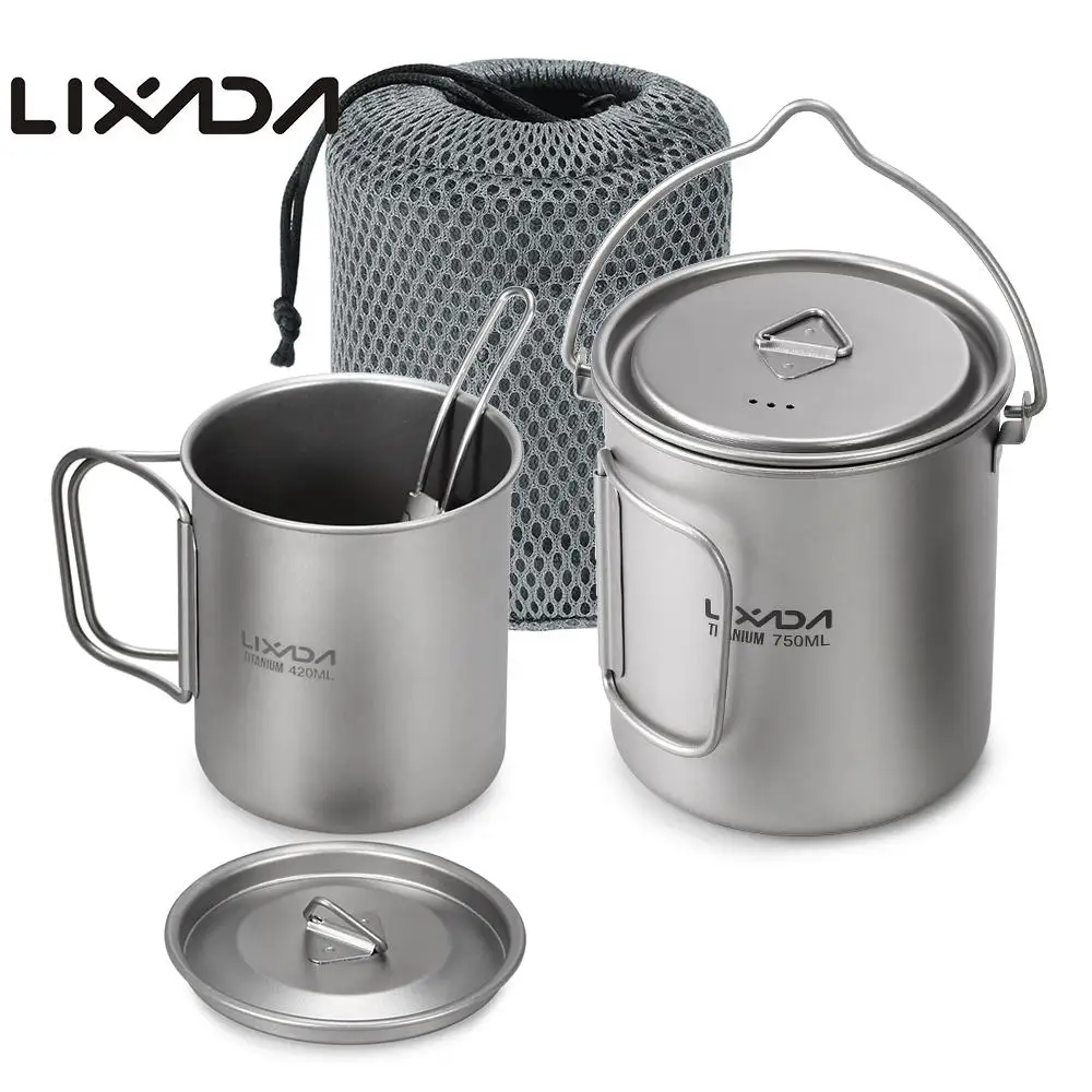 

Lixada Outdoor Titanium Tableware 750ml Pot 420ml Water Mug Cup with Lid Handle Folding Spork for Camping Picnic Hiking Travel