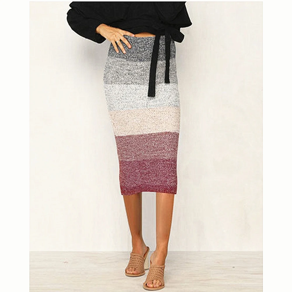 

Winter Women Vogue Gradient Knitted Skirts Female Fashion Elastic Waist Stretch Straight Bodycon Long Pencil Skirt Femme Lady