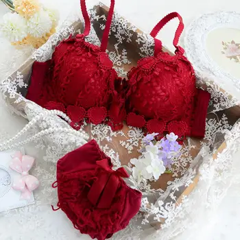 

Lovely Solid Color Heart Bowknot Lace Bra Briefs Set Girls Women Underwear