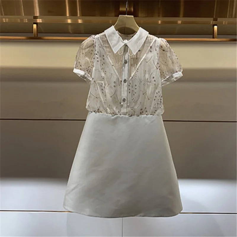 

Summer 2019 Elegant Print Women White Chiffon Mini Dress Runway Short Sleeve Patchwork Female Party Mini Dresses Clothes