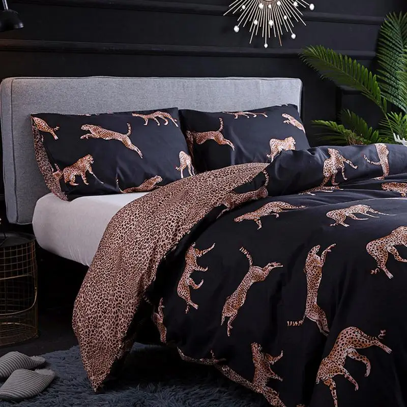 

Fashionable Bedding Set Two Three Piece Suit Leopard Printed Bed Linen Duvet Cover Set Pastoral Bed Sheet AB Side Duvet Cover