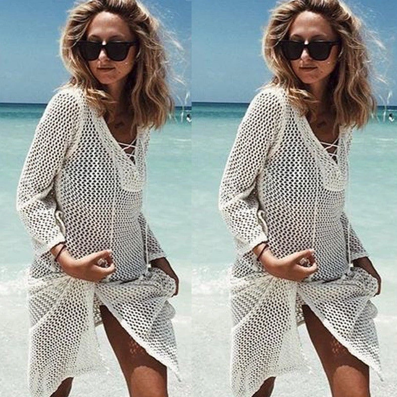 

2018 Women Crochet Hollow Out Cover-up Sexy V Neck Beach Bikini Cover Up Swimsuit Bathing Swimwear Dress Saida De Praia Vestido