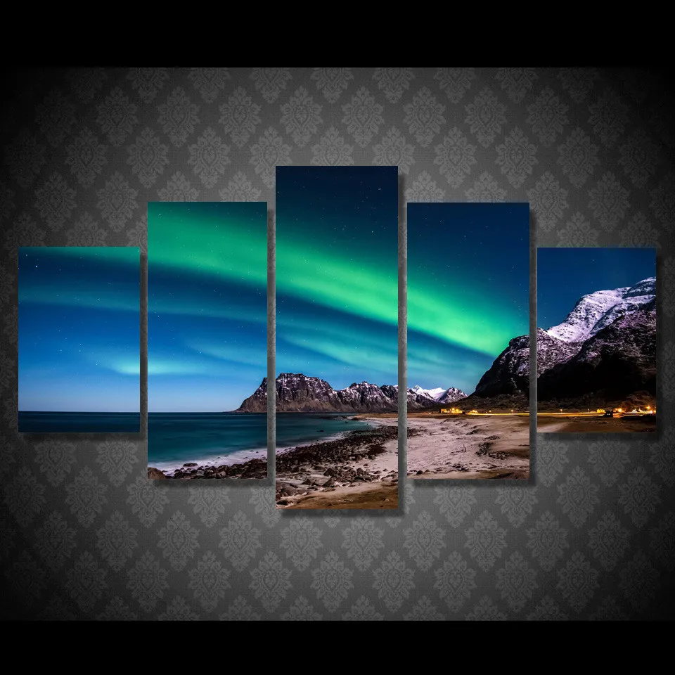 

Canvas Modern Wall Art Poster Frame Home Decor HD Printed Painting 5 Panels Green Aurora Borealis Lake Hill Night Pictures PENGD