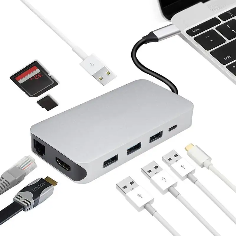 

9 in 1 USB C Hub Type C to HDMI RJ45 USB 3.0 Hubs Thunderbolt for SD TF Card Reader Adapter for MacBook Samsung S9 huawei P20