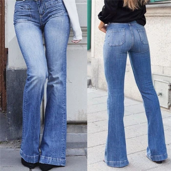 

New Casual Women Vintage Jeans Stretch Denim Pants Ladies High Waist Bootleg Casual Trousers Wide Leg Pants