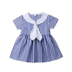Новая мода платье для маленьких девочек милый короткий рукав полосатый галстук Мини-платья вечерние принцессы Bebe Одежда для девочек