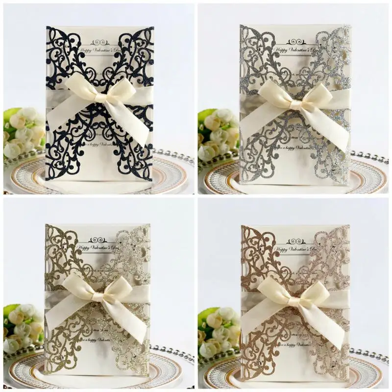 

10PCS Bowknot Glitter Faire Part Mariage European Style Laser Cut Wedding Invitations Holiday Greeting Card Cover Convites Para