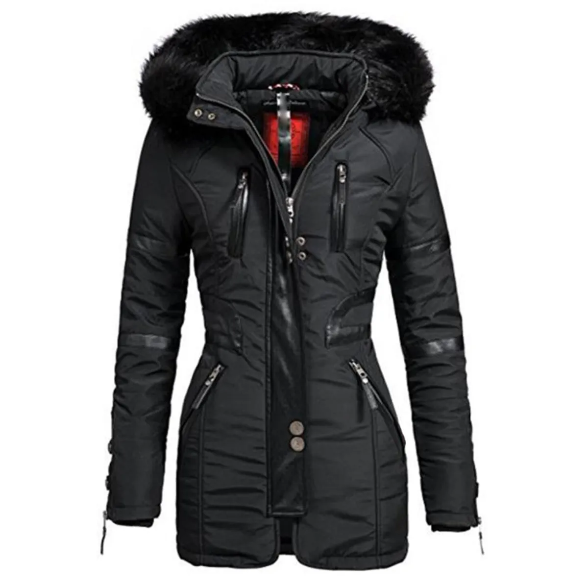 Rosetic Women Black Coat Winter Long Sleeve Hooded Mid Length Women's ...