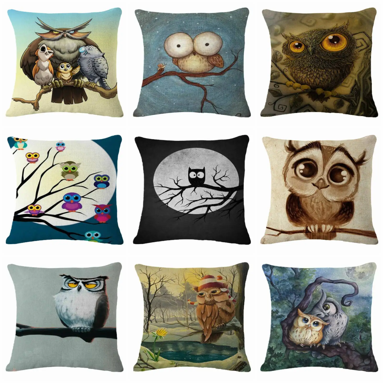 HGLEGYW 18'' Owl Pillow Case Throw Pillowcase Cotton Linen Printed Pillow Covers For Office Home