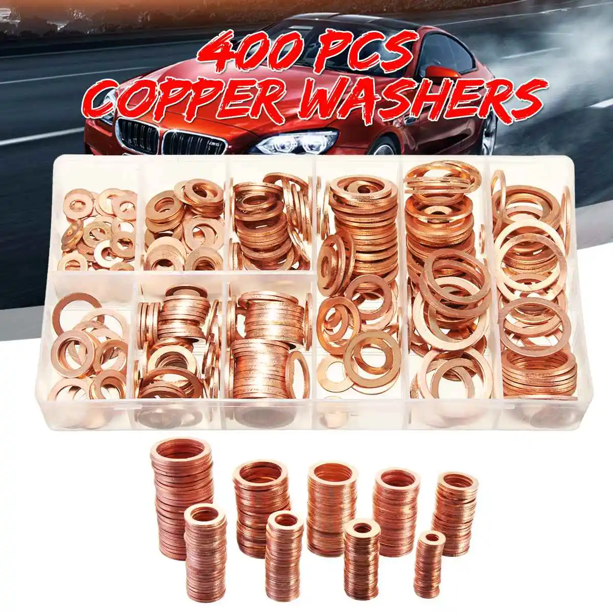 

400Pcs Solid Copper Washers Sump Plug Assorted Washer Set Crush Washers Seal Flat Ring Kit Sump Plug Gask With Plastic Box 9Size