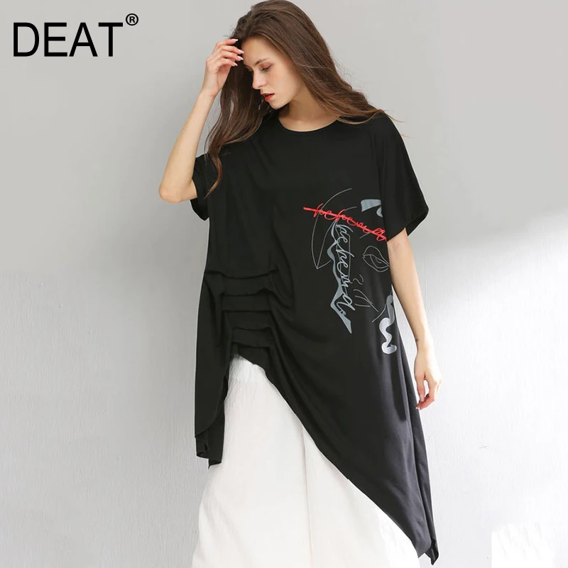 

[DEAT] 2019 New Autumn Winter Round Neck Short Sleeve Black Letter Printed Irregular Hem Big Size T-shirt Women Fashion JT43
