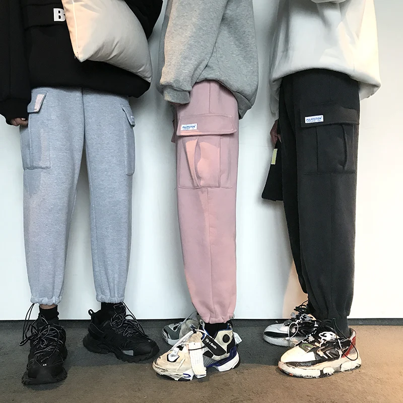 2018 зимние свободные плюс бархатные толстые мужские повседневные штаны Корейская версия тенденции небольших ног черный/серый/порошок M-2XL