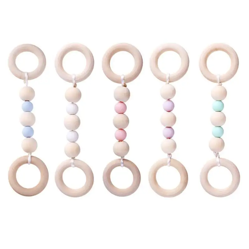 

Newborn Baby Teether Ring Chain Infant Nursing Silicone Wood Beads Teething Toys Wooden Kids Tooth Training Teether Ring Chain