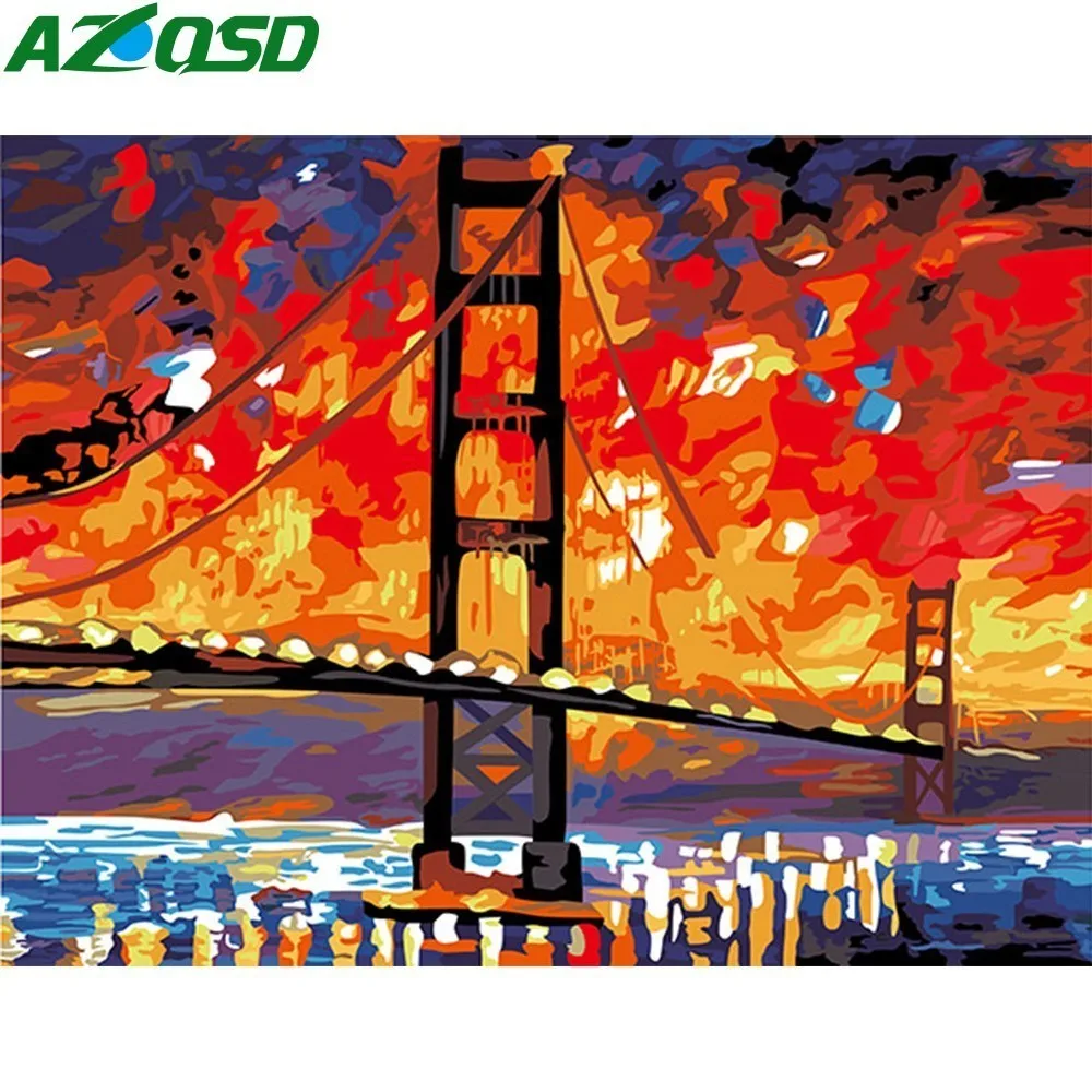 

AZQSD Oil Painting Bridge Painting By Numbers River Paint Canvas Picture DIY Scenery Hand Painted Modern K083