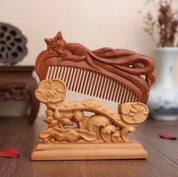 

Chinese Sour Wood Double-sided Carved Nine Strip Tailed Fox Comb Antistatic Healthcare Solid Wood Sandalwood Comb